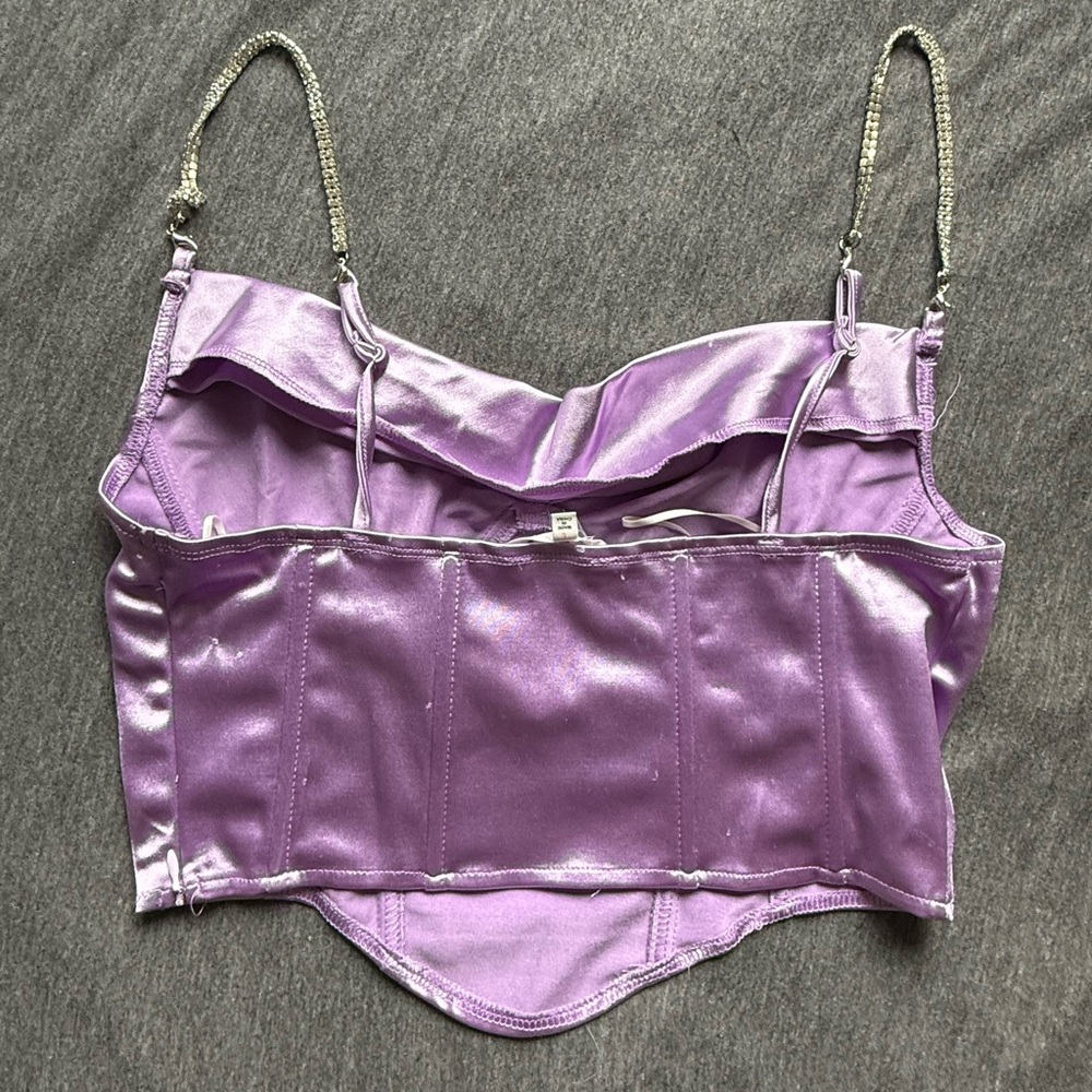 Purple/Lavender Satin Corset Crop Top with Jeweled Chain Straps - Picture 3 of 5